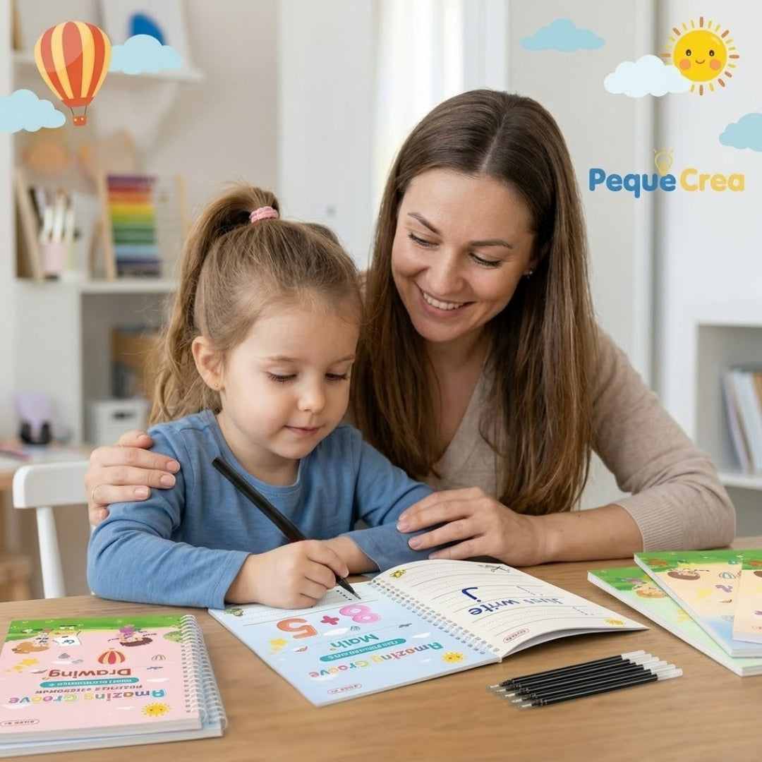 TrazoMágico™ – 4 Cuadernos Reutilizables Montessori + Kit de Escritura Inteligente de Regalo.