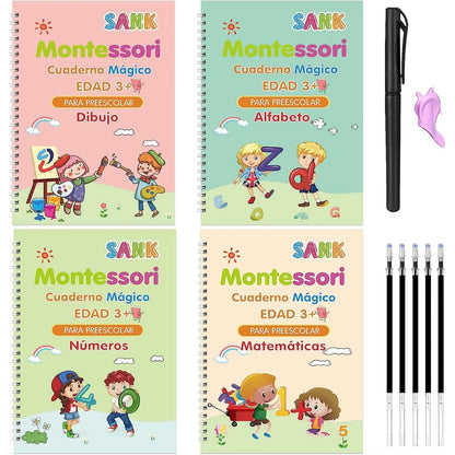 TrazoMágico™ – 4 Cuadernos Reutilizables Montessori + Kit de Escritura Inteligente de Regalo.