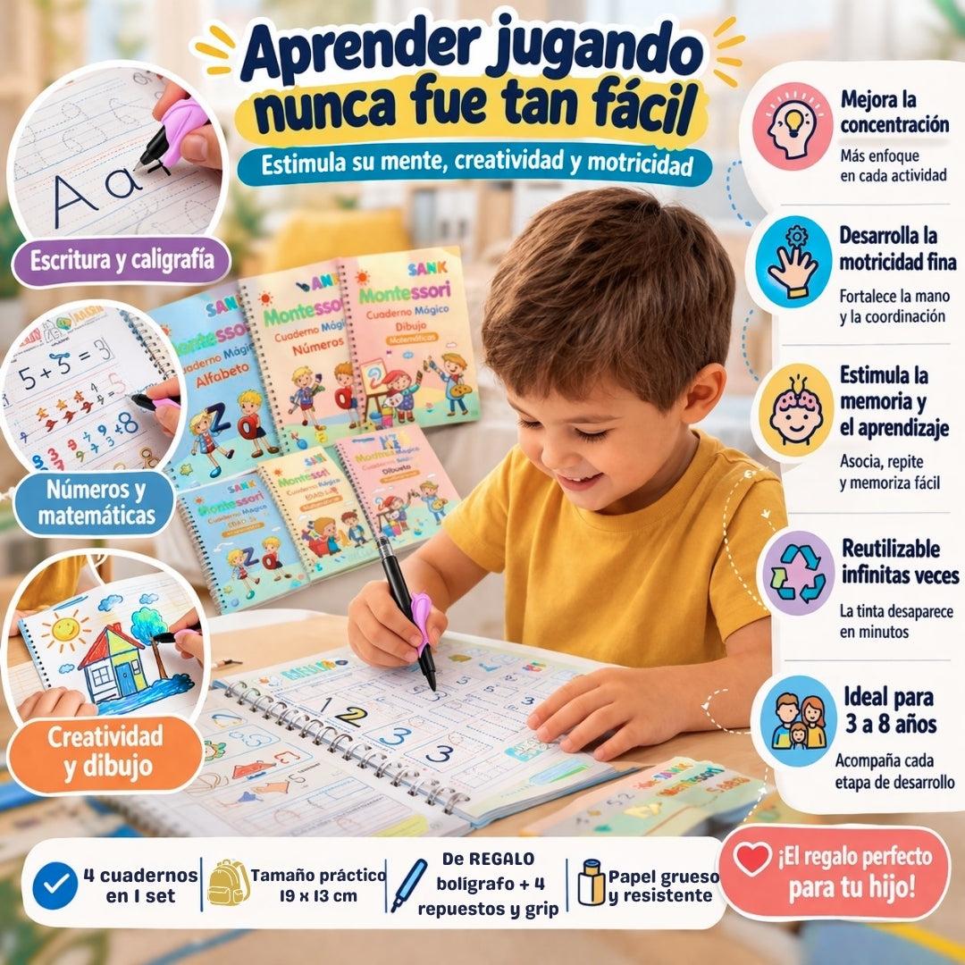 TrazoMágico™ – 4 Cuadernos Reutilizables Montessori + Kit de Escritura Inteligente de Regalo.