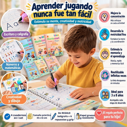 TrazoMágico™ – 4 Cuadernos Reutilizables Montessori + Kit de Escritura Inteligente de Regalo.