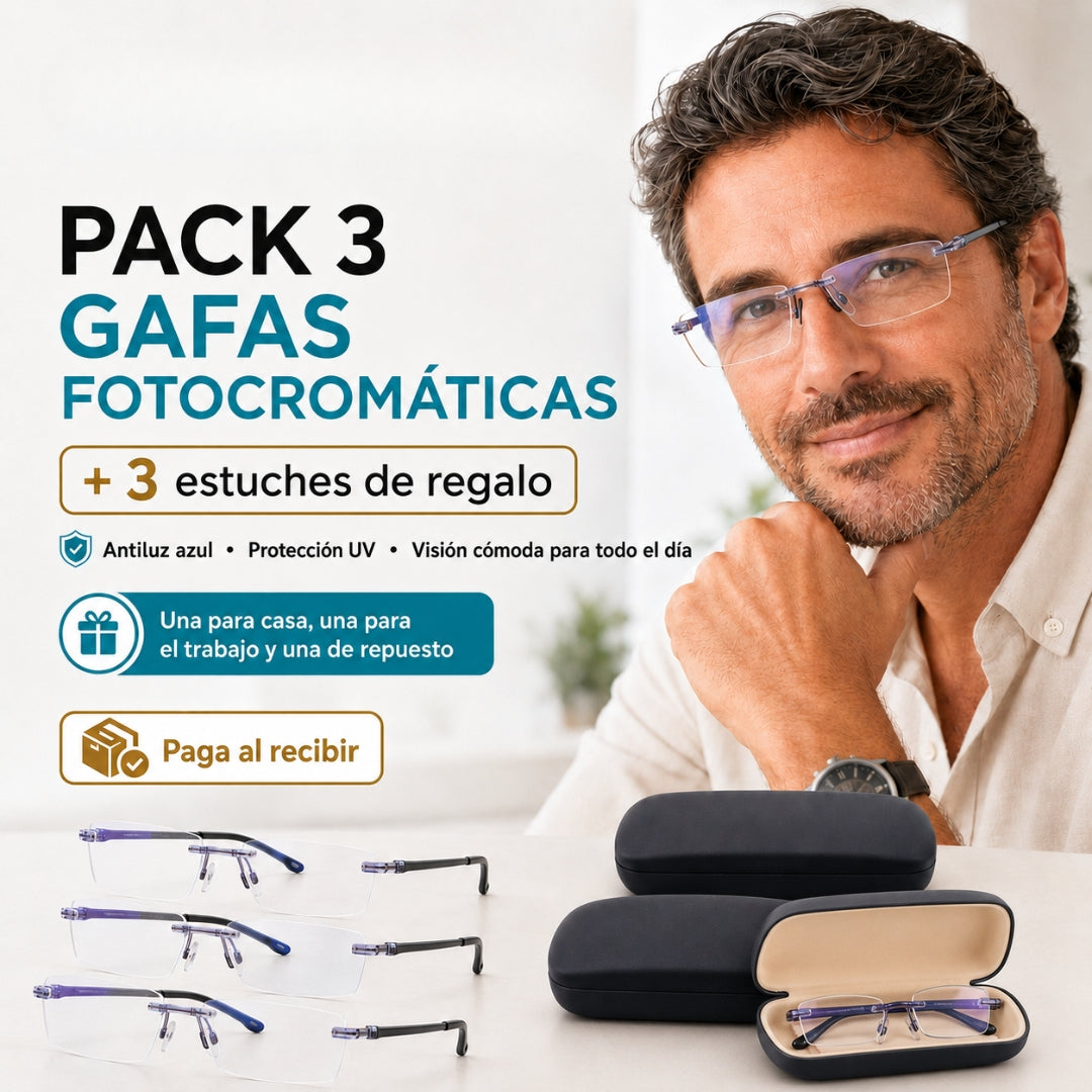 Sensiles VistaFlex™ Pack 3 - Gafas fotocromáticas sin graduación para leer, trabajar, usar el celular y salir al sol.